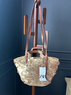 ZARA Gold Sequin Straw Small Tote with Brown Faux Leather Straps